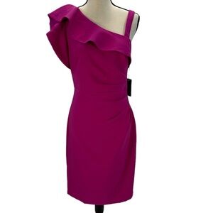 Vince Camuto Ruffled One Shoulder Side Ruched Sheath Dress - Hot Pink - size 6